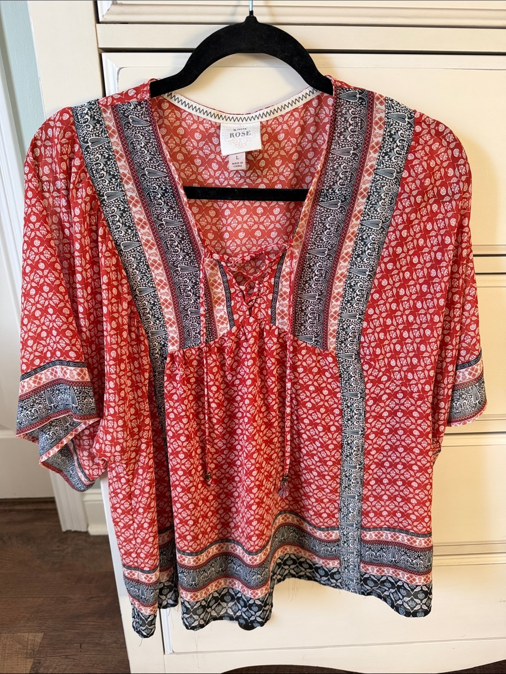 Knox Rose Red Boho Lace-Up Tunic with Black & White Border